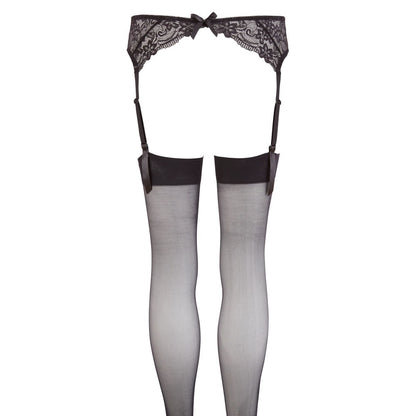 Black suspender set and stockings. Classically alluring lingerie from our collection, creating a stunning silhouette.