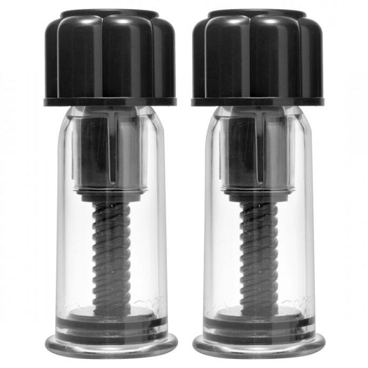 Master Series nipple suckers, female pumps for enhancement, clear material for visual pleasure.
