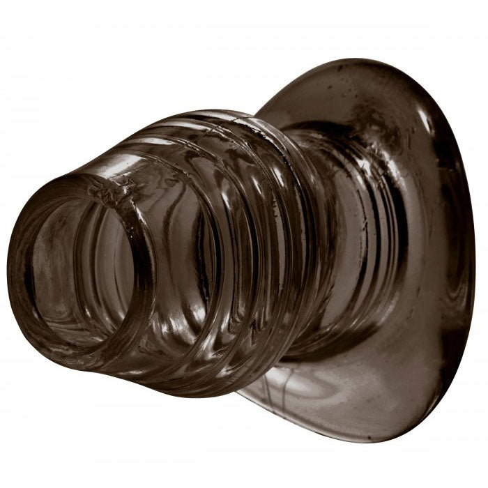 Master Series tunnel anal plug, dark grey silicone with a hollow core for stretching.