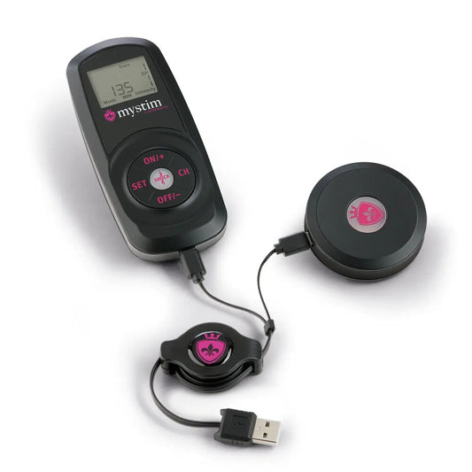 MyStim Cluster Buster e-stim unit for electro sex stimulation, shown in its packaging.