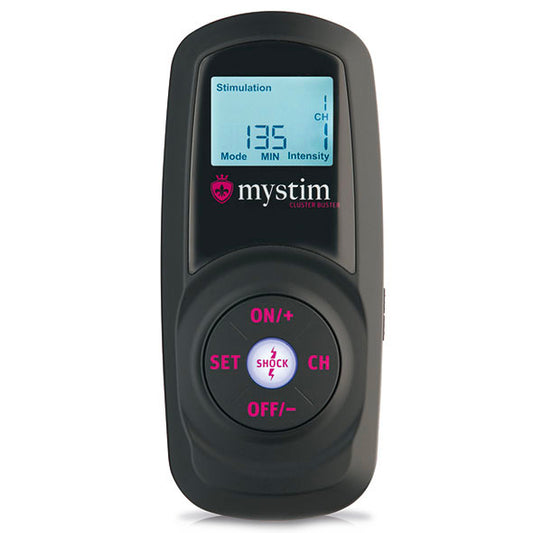 MyStim Cluster Buster e-stim unit for electro sex stimulation, photographed up close.