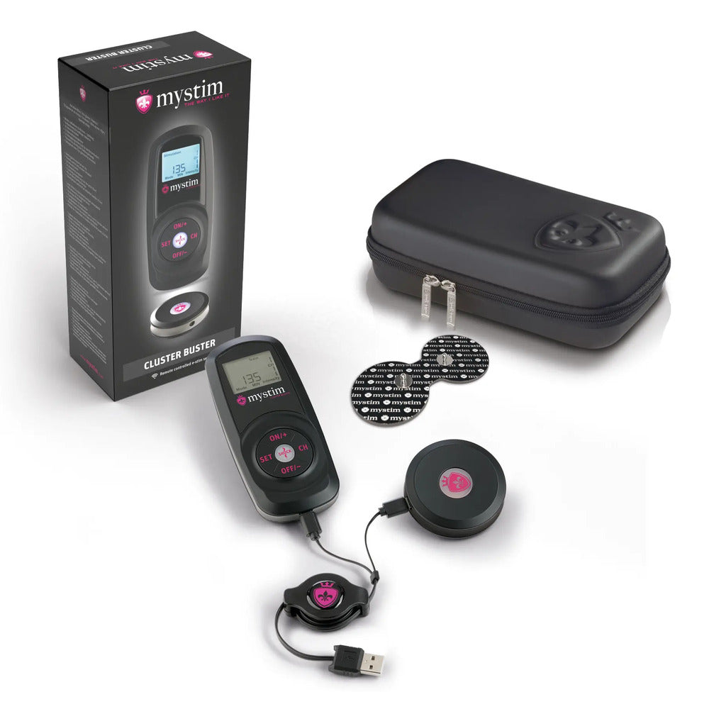 MyStim Cluster Buster e-stim unit for electro sex stimulation, shown in silver.