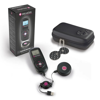 MyStim Cluster Buster e-stim unit for electro sex stimulation, shown in silver.