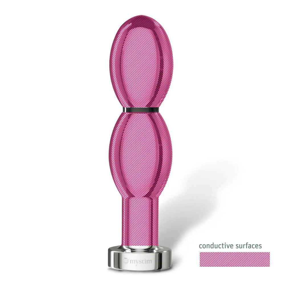 Silver-coloured MyStim aluminium dildo for electro sex stimulation, with a smooth, metallic finish.