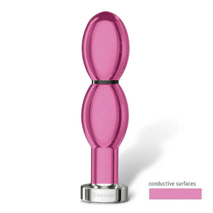 Silver-coloured MyStim aluminium dildo for electro sex stimulation, with a smooth, metallic finish.