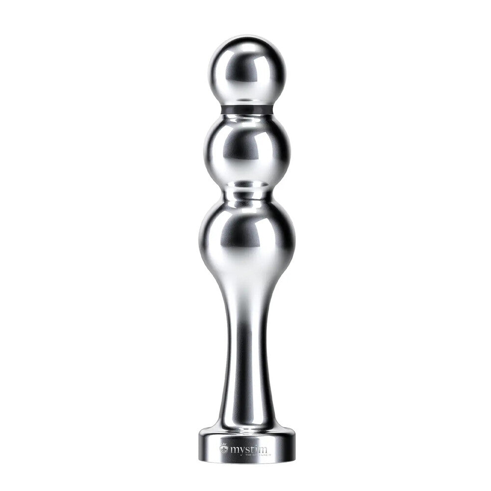 MyStim's Bold Boris dildo for electro sex stimulation, showing a smooth, grey, realistic design.