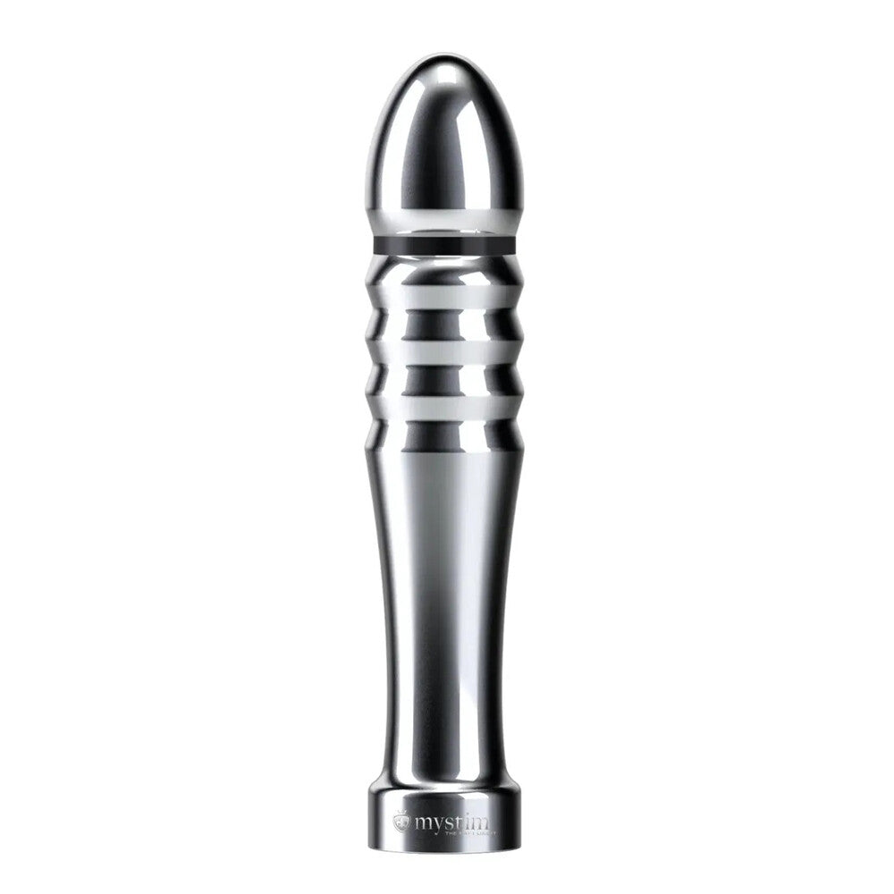 MyStim Funky Fella dildo for electro sex stimulation, purple silicone with silver accents.