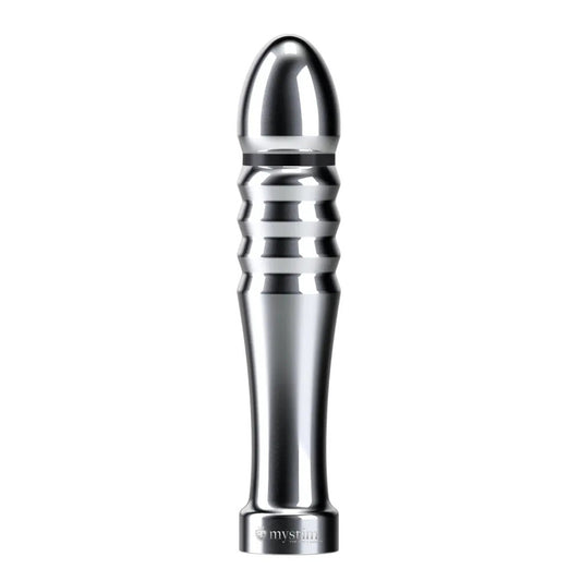 MyStim Funky Fella dildo for electro sex stimulation, purple silicone with silver accents.