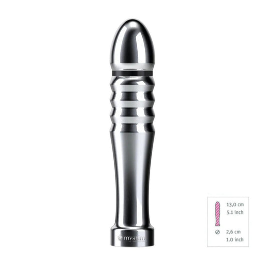 MyStim Funky Fella e-stim dildo, a textured grey electro sex stimulation device with attachment points.