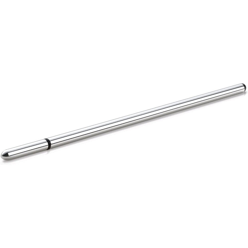 MyStim slim fin estim urethral sound, electro sex stimulation device in shiny silver.