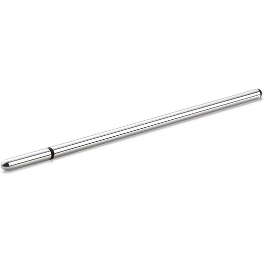 MyStim slim fin estim urethral sound, electro sex stimulation device in shiny silver.