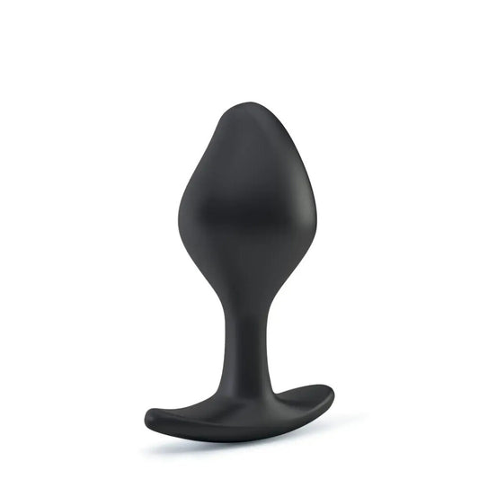 Small black electro sex stimulation butt plug with textured ring for rocking action.