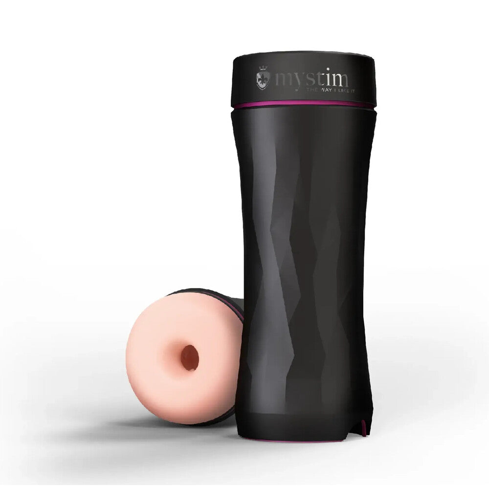 Mystim opus e donut masturbator: a dark grey, textured electro sex stimulation toy.