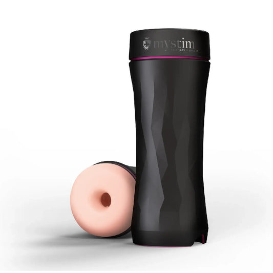 Mystim opus e donut masturbator: a dark grey, textured electro sex stimulation toy.