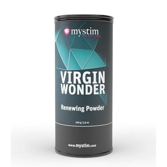 Mystim virgin wonder renewing powder in a white pot for personal hygiene.