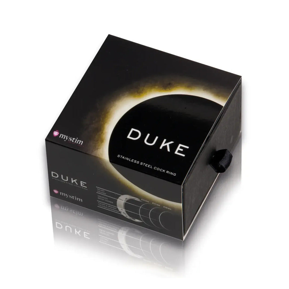 Polished stainless steel cock ring for electro sex stimulation, part of the mystim duke range.