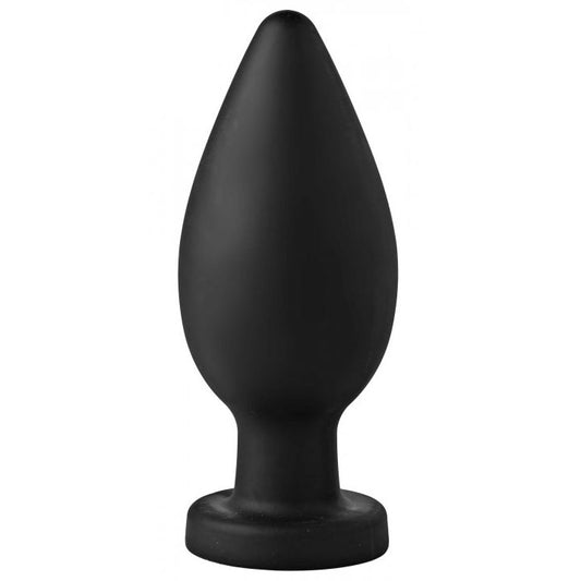 The master series colossus xxl butt plug, made of smooth, black silicone with suction cup.
