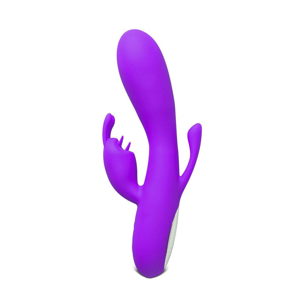 Purple double bunny vibrator made of smooth silicone with twelve speed settings.
