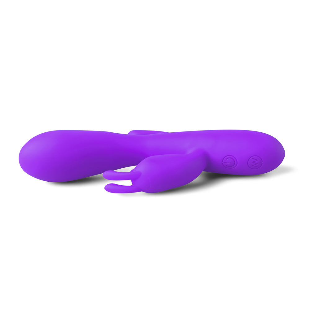 Purple silicone double bunny vibrator with twelve speeds for partnered pleasure.