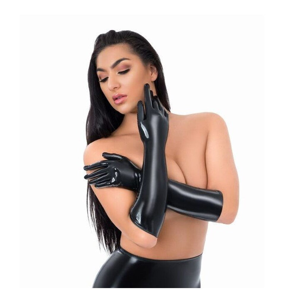 A woman's hand wearing a full-length, shiny latex glove, in a close-up studio shot.