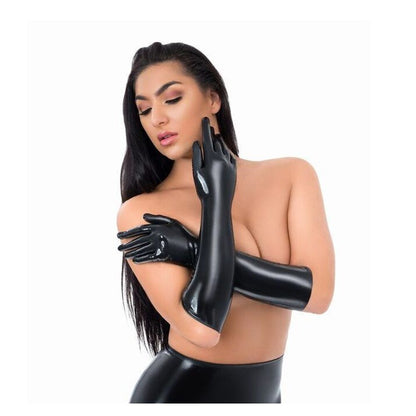 A woman's hand wearing a full-length, shiny latex glove, in a close-up studio shot.