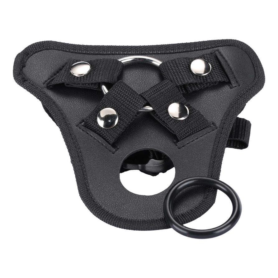 black, adjustable strap-on dildo harness by me you us, made of soft material.