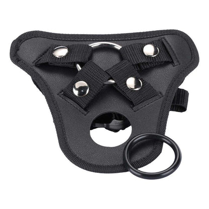 black, adjustable strap-on dildo harness by me you us, made of soft material.