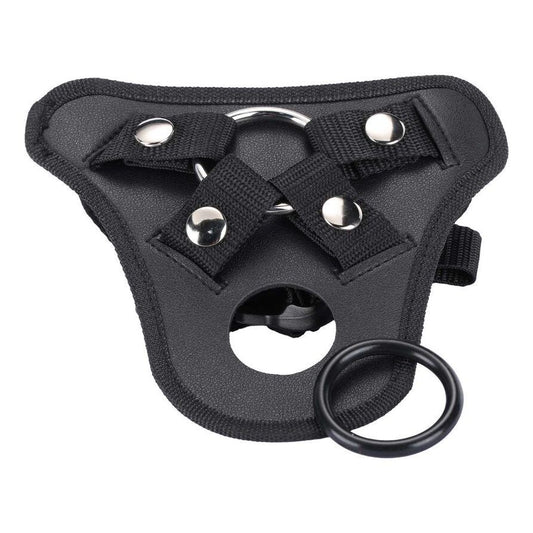 black, adjustable strap-on dildo harness by me you us, made of soft material.