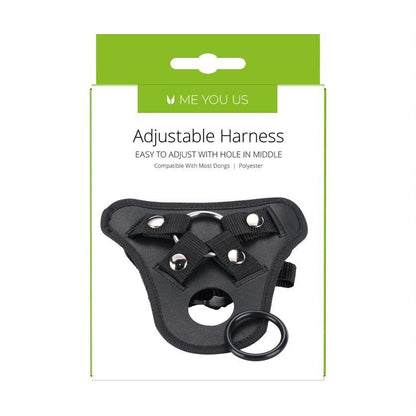 black adjustable strap-on dildo harness for comfortable and secure adult play.