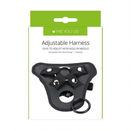 black adjustable strap-on dildo harness for comfortable and secure adult play.