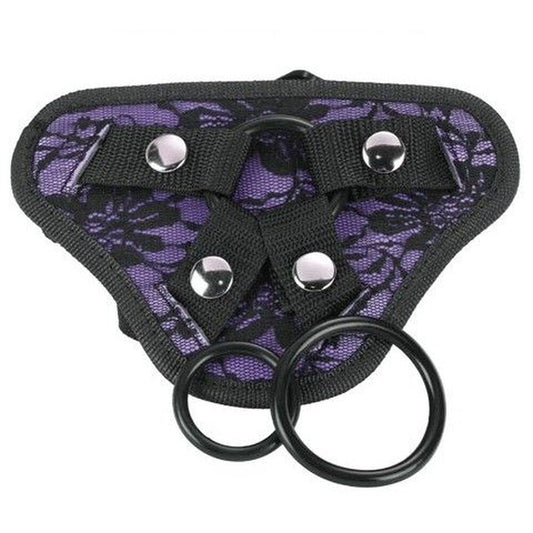 me you us lace harness in black with a bullet pocket, strap-on dildo compatible.