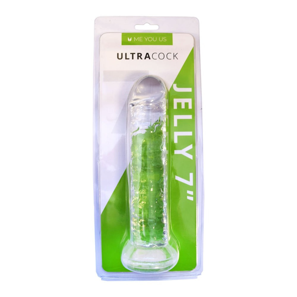 Clear, seven-inch long jelly dildo from Me You Us, a realistic penis shape.