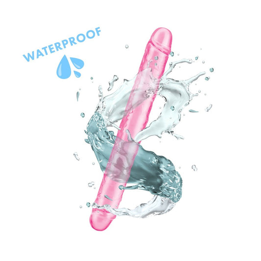 A bright pink, twelve-inch double dildo from me you us, designed for shared pleasure.
