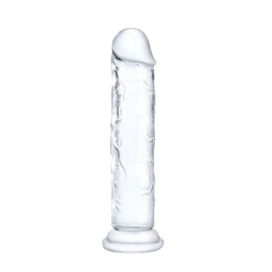 Clear, six-inch Me You Us dong, a smooth and translucent sex toy vibrator for pleasure.