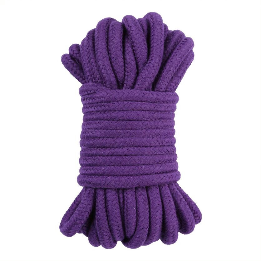 Close-up of 10-metre purple cotton rope restraint, soft and supple from Me You Us.