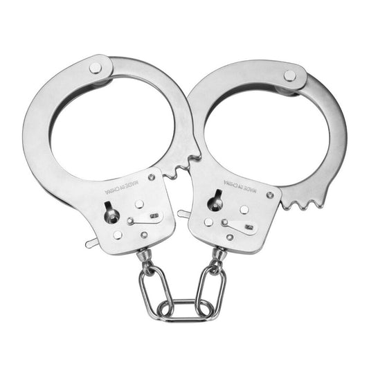 Close-up of heavy duty metal bondage handcuffs, silver finish, for playful restraint.