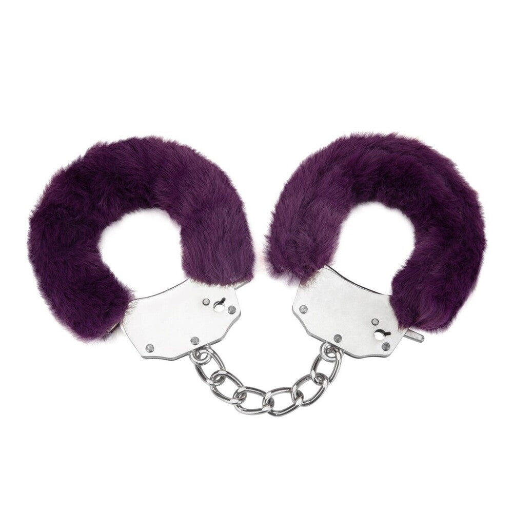 Purple furry handcuffs from me you us, a playful and kinky bedroom accessory.