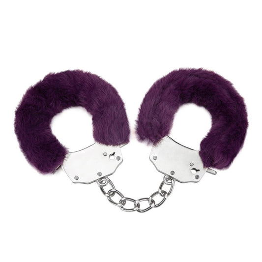 Purple furry handcuffs from me you us, a playful and kinky bedroom accessory.