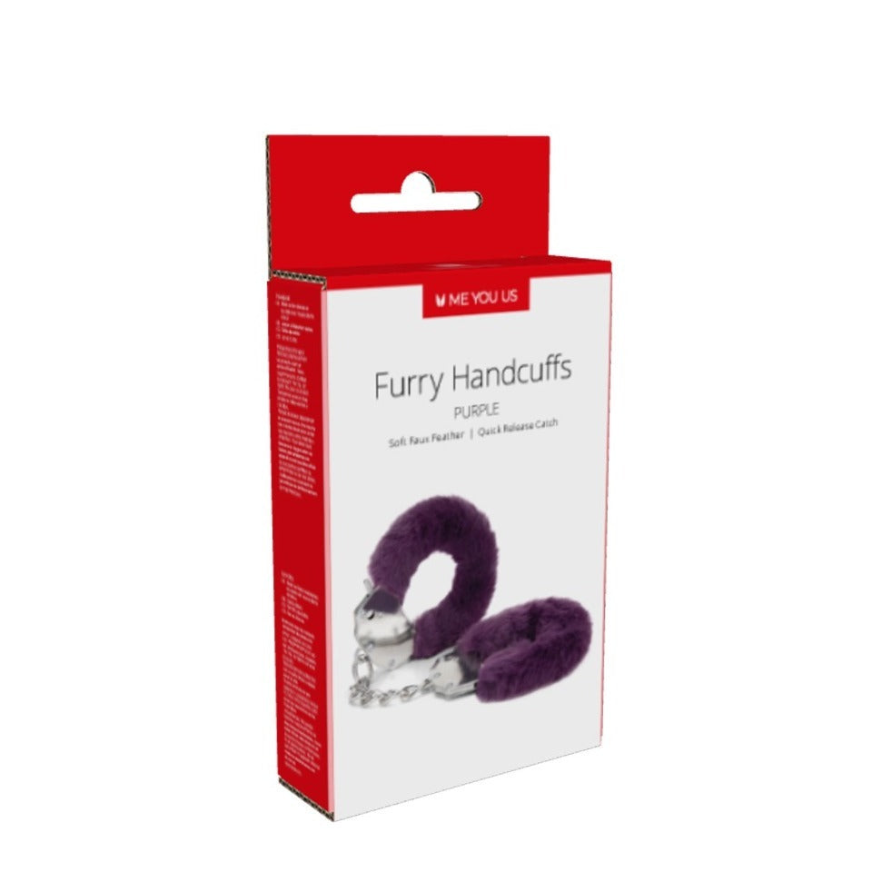 Me You Us purple furry handcuffs, a playful accessory for couples, close up.