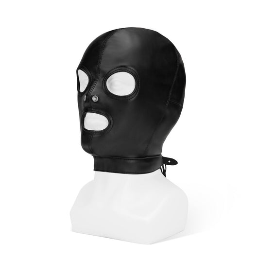 black bondage hood with eye, nose, and mouth openings, perfect for roleplay