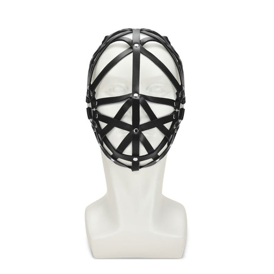 me you us web hood mask, a black, stretchy, web-patterned bondage hood, close fitting.