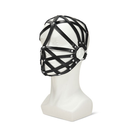 me you us web hood mask, black fabric, covering the head, bondage accessory.