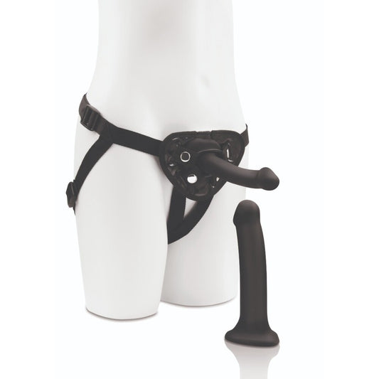 Me You Us strap-on dildo kit with two dildos, one six and one eight inches.