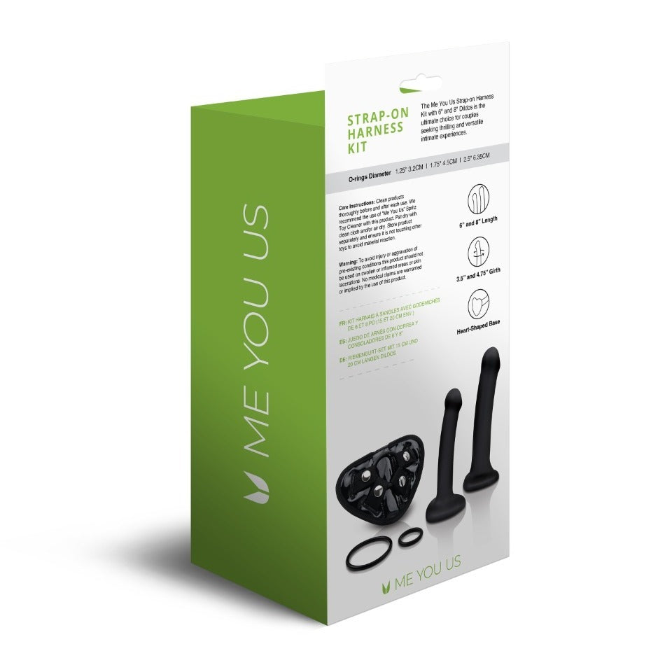 Me You Us strap-on dildo harness kit with two dildos, black straps and hardware.
