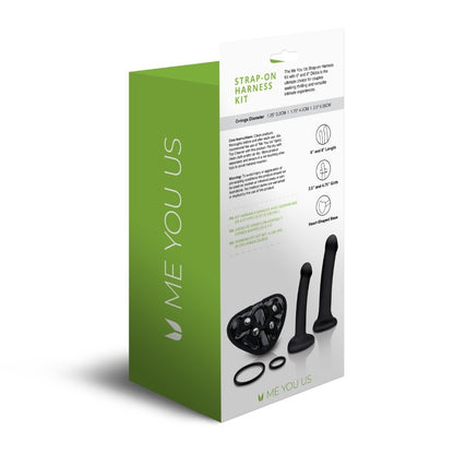 Me You Us strap-on dildo harness kit with two dildos, black straps and hardware.