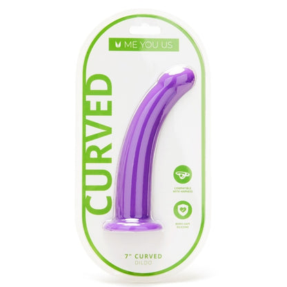 Curved 7 inch silicone dildo, flesh-toned, with a smooth, realistic finish for strap-on use.