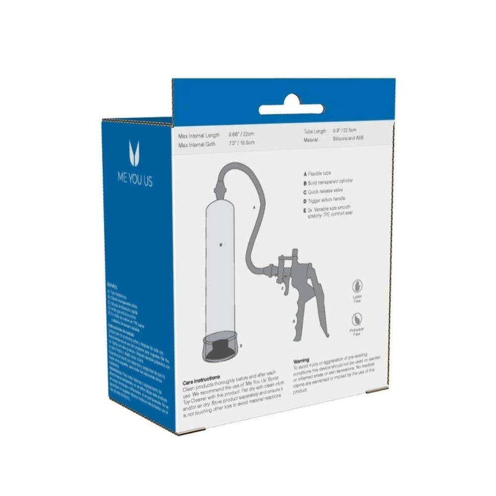 me you us penis pump showing the clear cylinder and black comfort grip handle