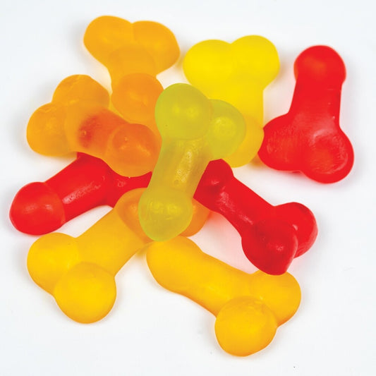 Close-up of fruit flavoured jelly sweets shaped like willies, a colourful edible treat.
