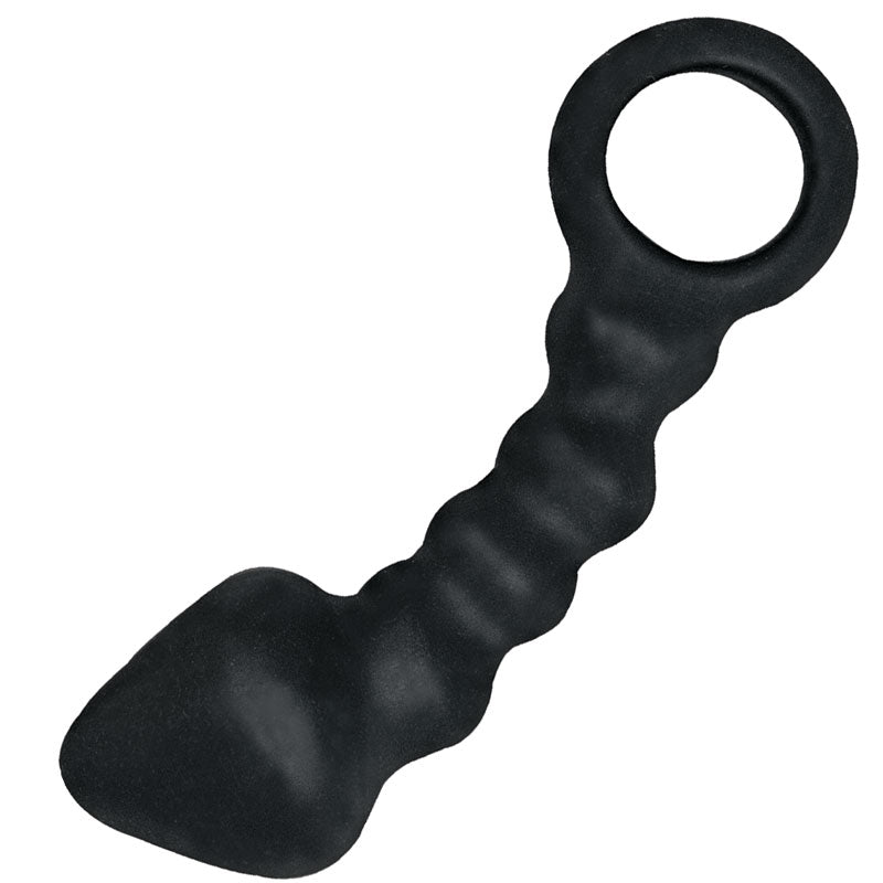 Close-up of three smooth, silicone anal beads designed for pleasure and training.