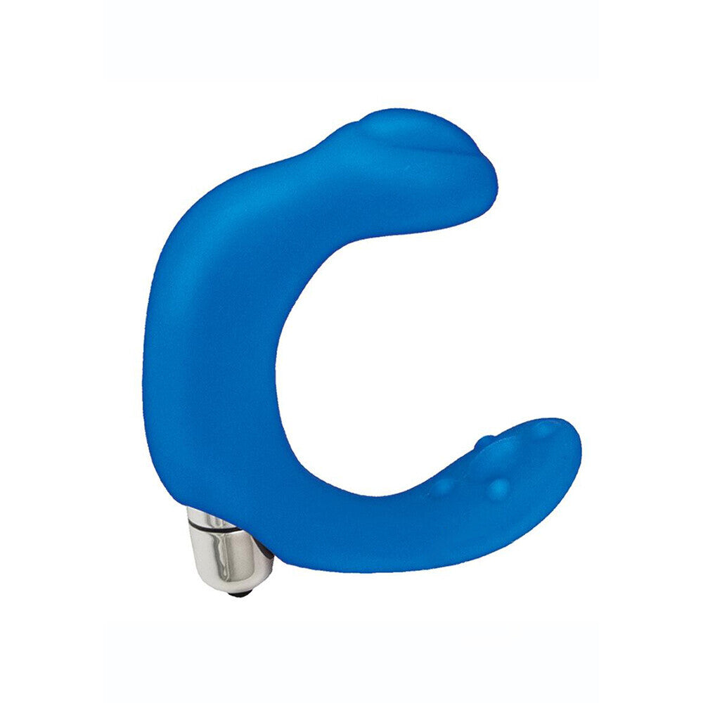 Blue prostate massager with curved shaft and textured head for P spot stimulation.
